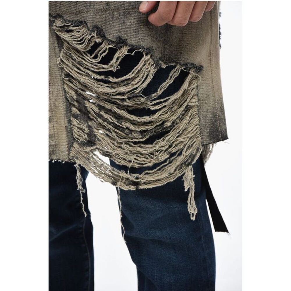 Rick Owens Distressed Denim Overshirt with Fringed Men's Hem - Picture 3 of 5